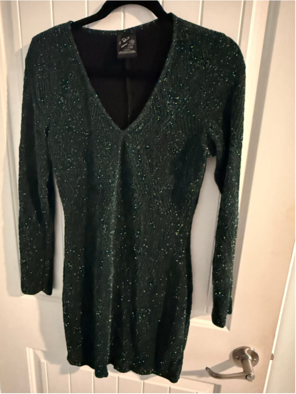 Windsor Emerald Green Glitter V-Neck Long Sleeve Mini Dress – Size L